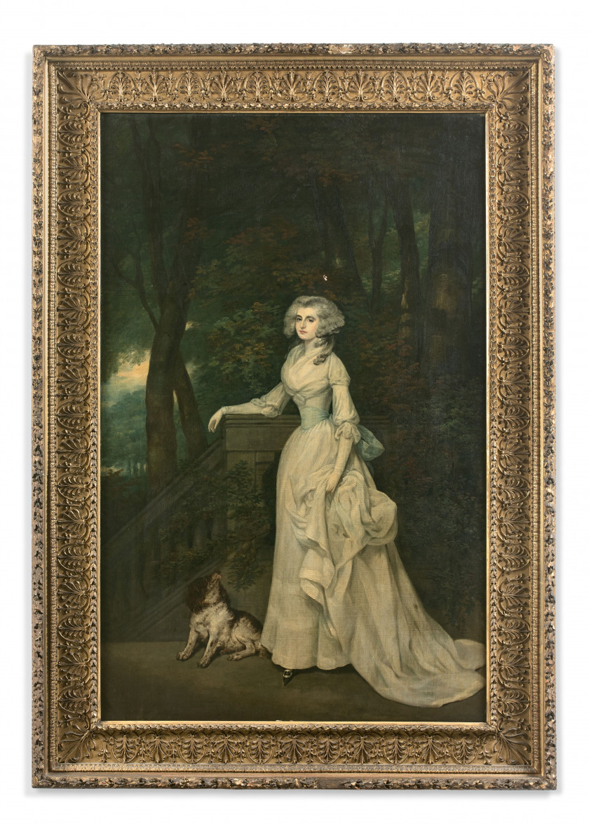 Attribué à Arthur William DEVIS Londres, 1762 - 1822 Portrait présumé d'Elisabeth Calvet avec son petit chien Huile sur toile (Toile..