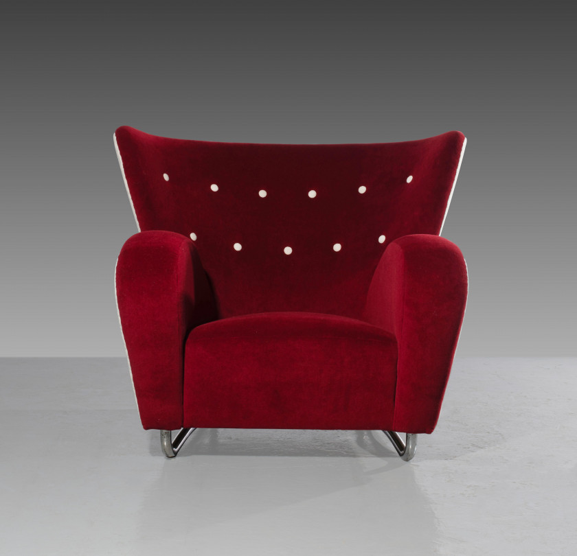 Märta Blomstedt 1899–1982 Important fauteuil mod. Aulanko - 1938 Piètement en acier tubulaire chromé, structure recouverte de tissus...