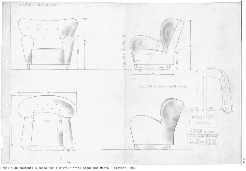 Märta Blomstedt 1899–1982 Important fauteuil mod. Aulanko - 1938 Piètement en acier tubulaire chromé, structure recouverte de tissus...