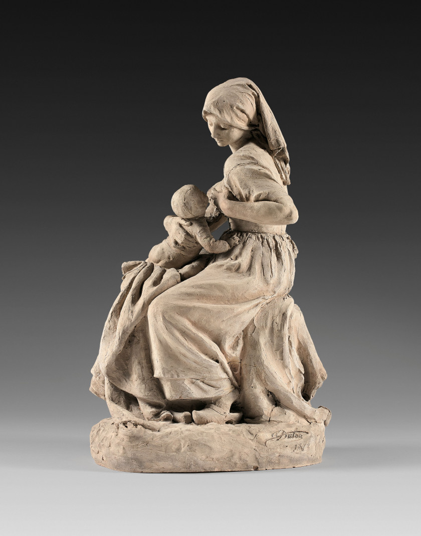 Aimé-Jules DALOU Paris, 1838 - 1902 Paysanne française allaitant son enfant Terre cuite