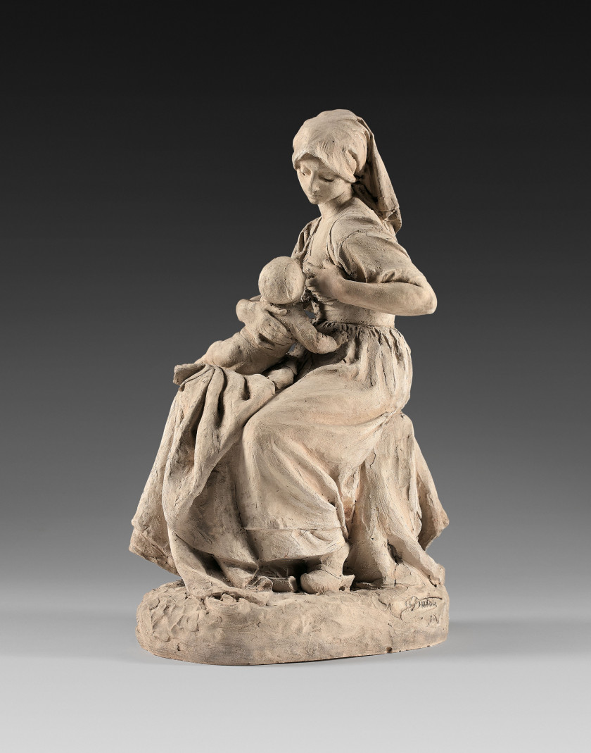 Aimé-Jules DALOU Paris, 1838 - 1902 Paysanne française allaitant son enfant Terre cuite