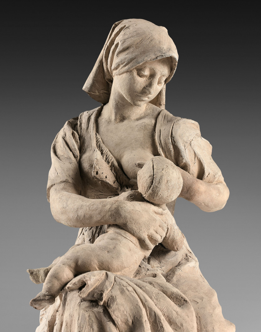 Aimé-Jules DALOU Paris, 1838 - 1902 Paysanne française allaitant son enfant Terre cuite