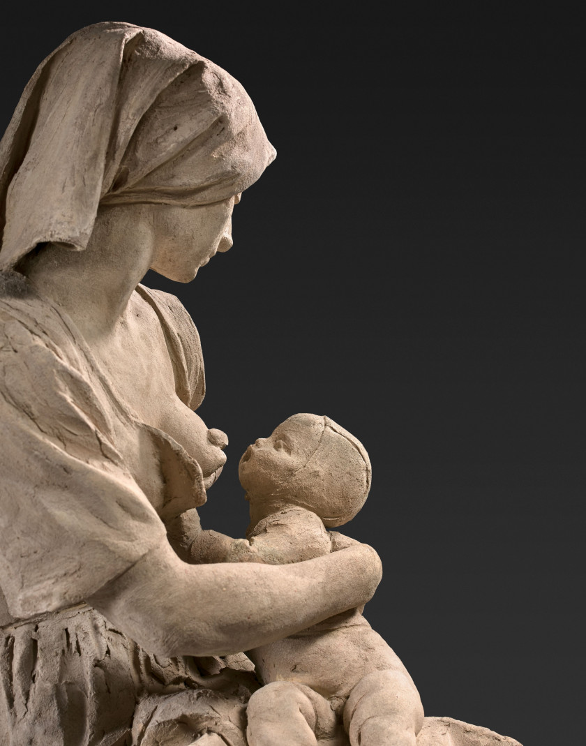 Aimé-Jules DALOU Paris, 1838 - 1902 Paysanne française allaitant son enfant Terre cuite