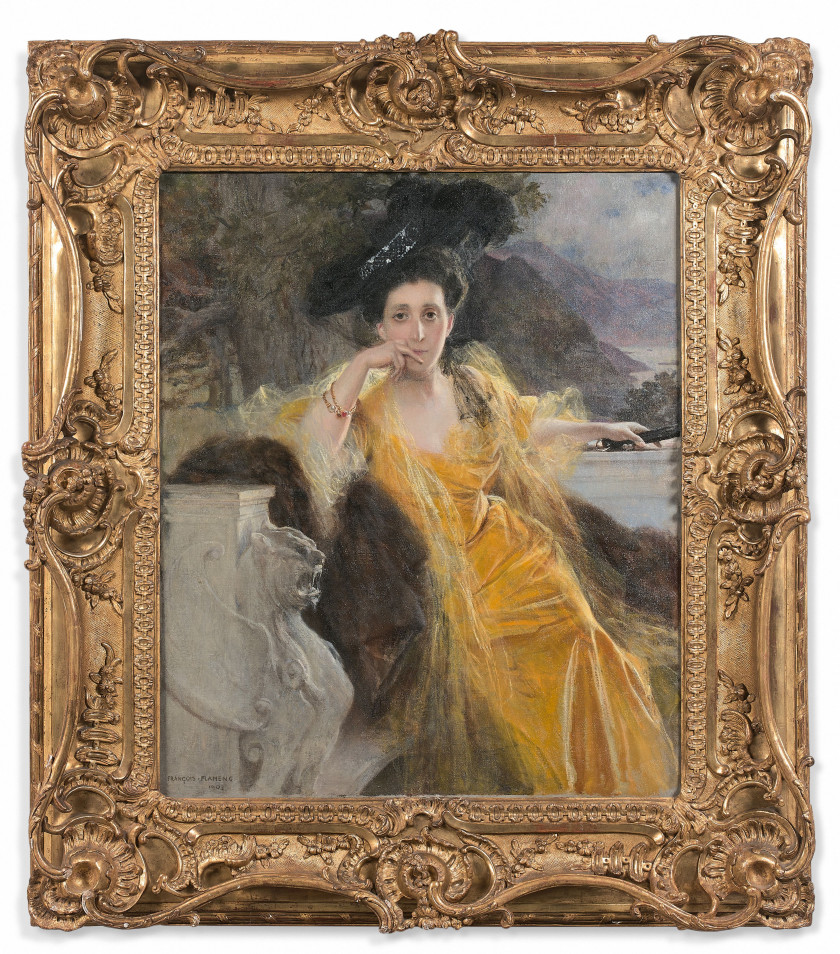 François FLAMENG Paris, 1856 - 1923 Portrait de Marie-Louise Achille Fould, née Heine Huile sur toile