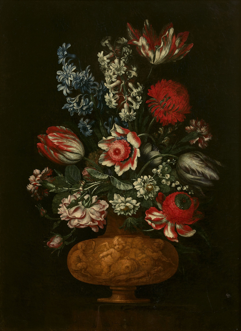 Bartolomeo LIGOZZI Florence, 1630 - 1695 Bouquets de fleurs dans des vases sculptés Paire d'huiles sur toiles