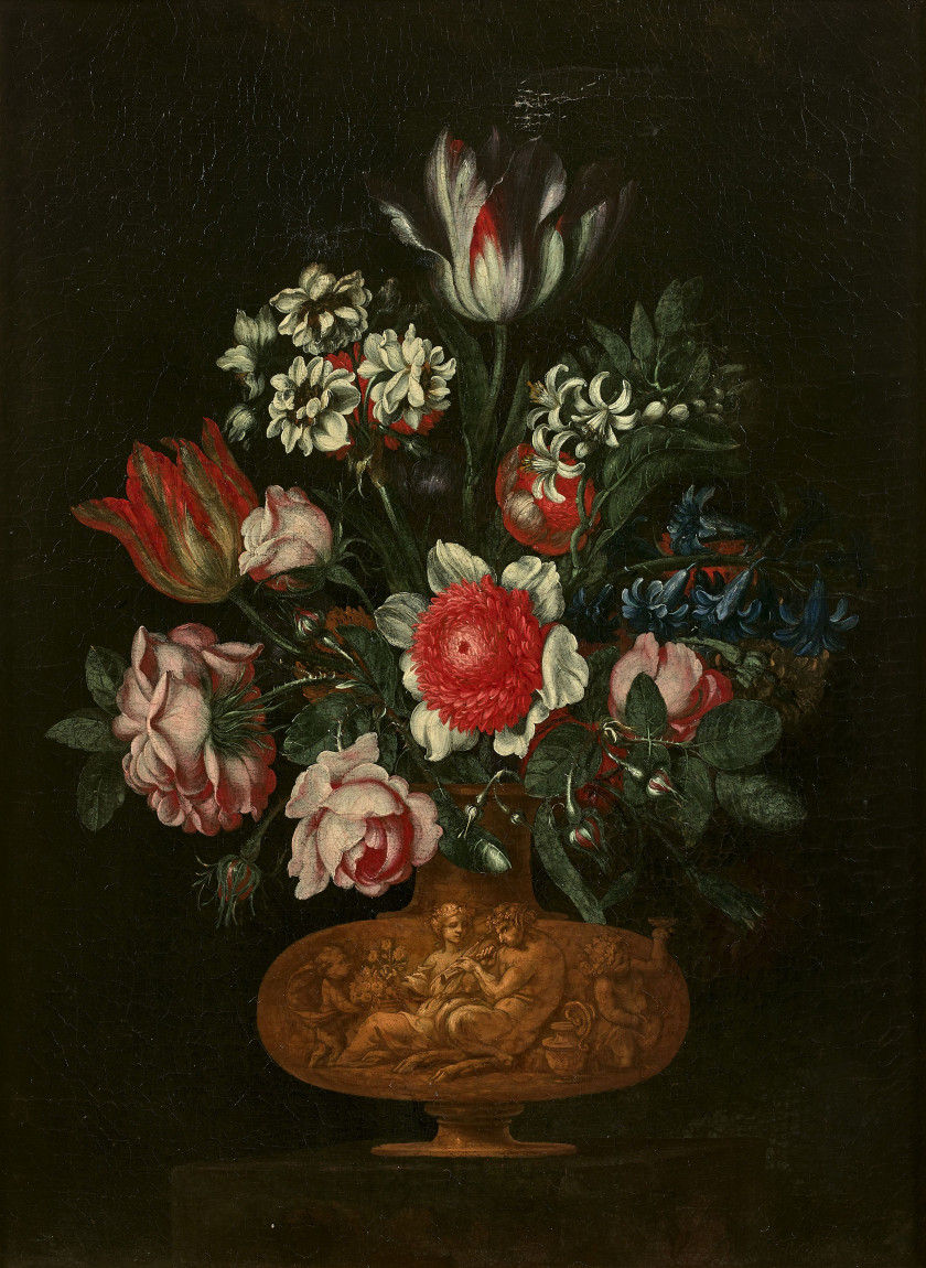 Bartolomeo LIGOZZI Florence, 1630 - 1695 Bouquets de fleurs dans des vases sculptés Paire d'huiles sur toiles