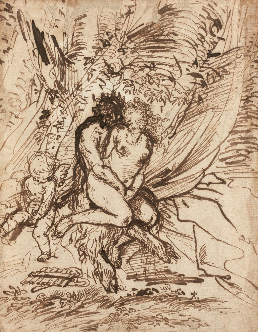 Pietro TESTA Lucques, 1617 - Rome, 1650 Pan et Vénus observés par Cupidon Plume et encre brune