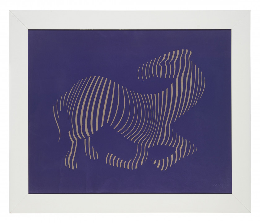 Victor VASARELY (1906 - 1997) Zèbre - circa 1970 Sérigraphie en gris sur fond violet