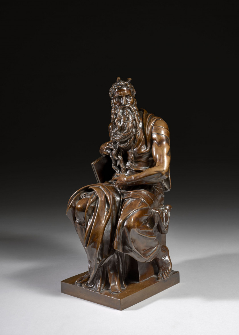 ÉCOLE FRANÇAISE DE LA DEUXIÈME MOITIÉ DU XIXe SIÈCLE, D'après Michelangelo Buonarroti (1475-1564), dit Michel-Ange  Moïse Bronze à p..