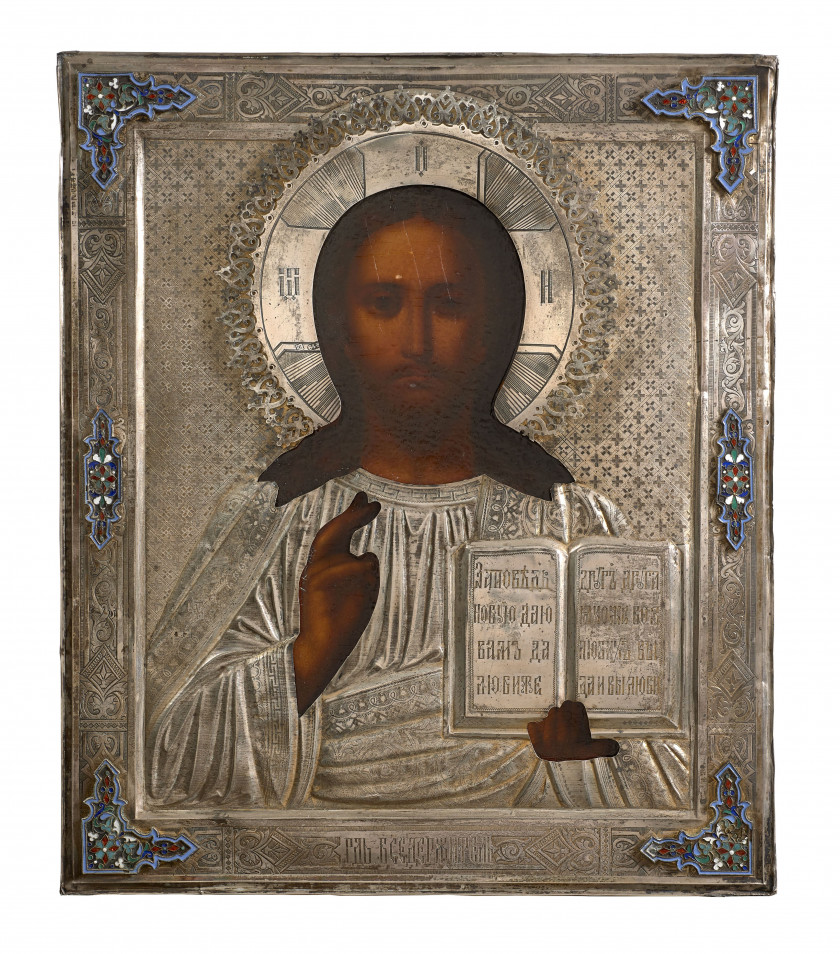 ICÔNE, MOSCOU, 1894 Christ Pantocrator Chromolithographie sur bois et oklad en argent