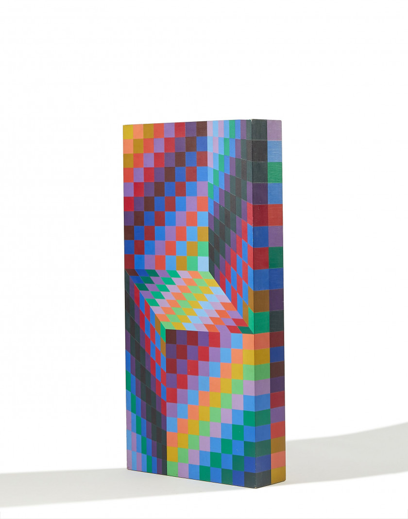 Victor VASARELY (1906 - 1997) Axo 99 - 1988 Bois scullpté peint à la main avec de l'acrylique en couleurs