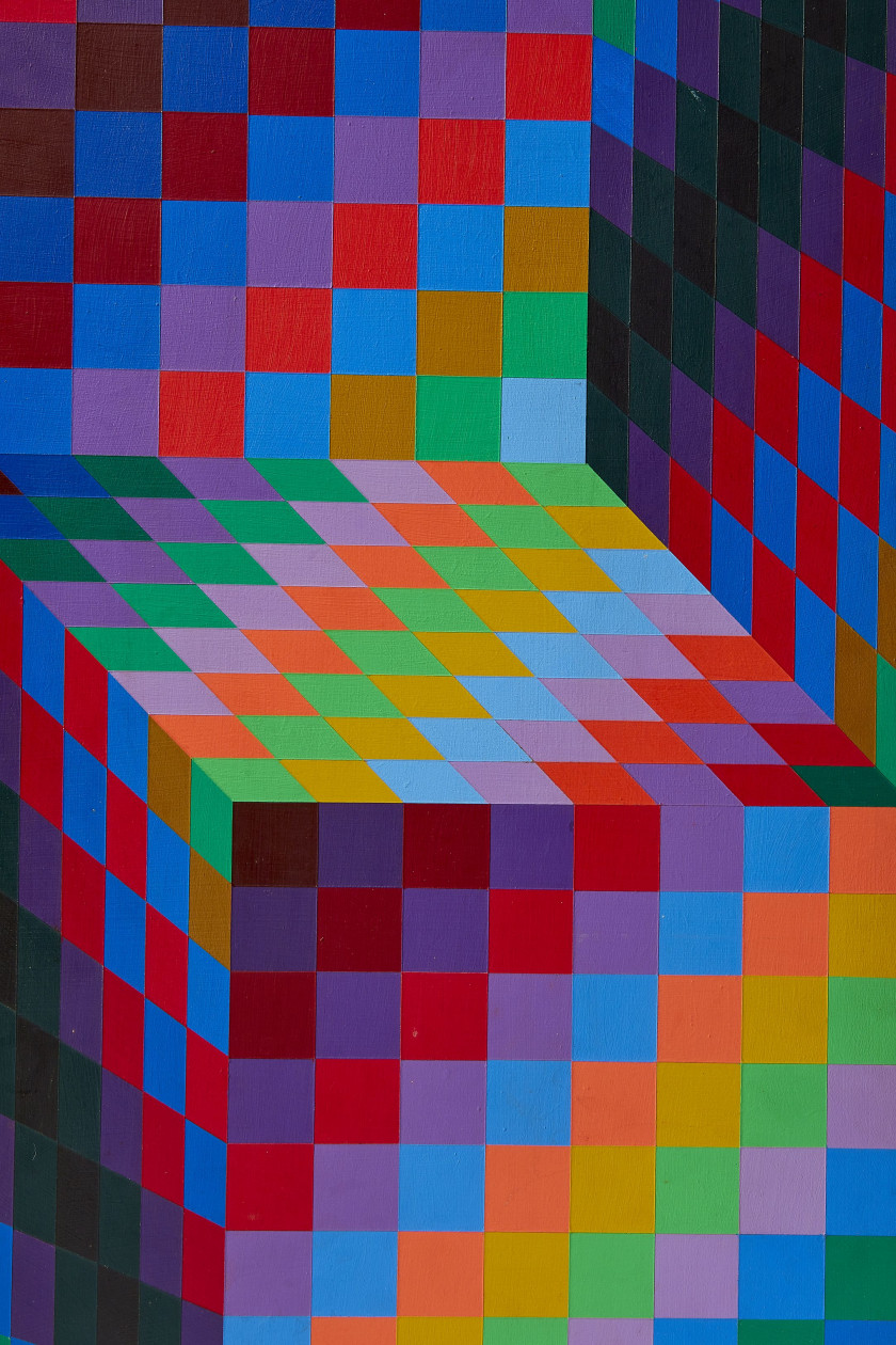 Victor VASARELY (1906 - 1997) Axo 99 - 1988 Bois scullpté peint à la main avec de l'acrylique en couleurs