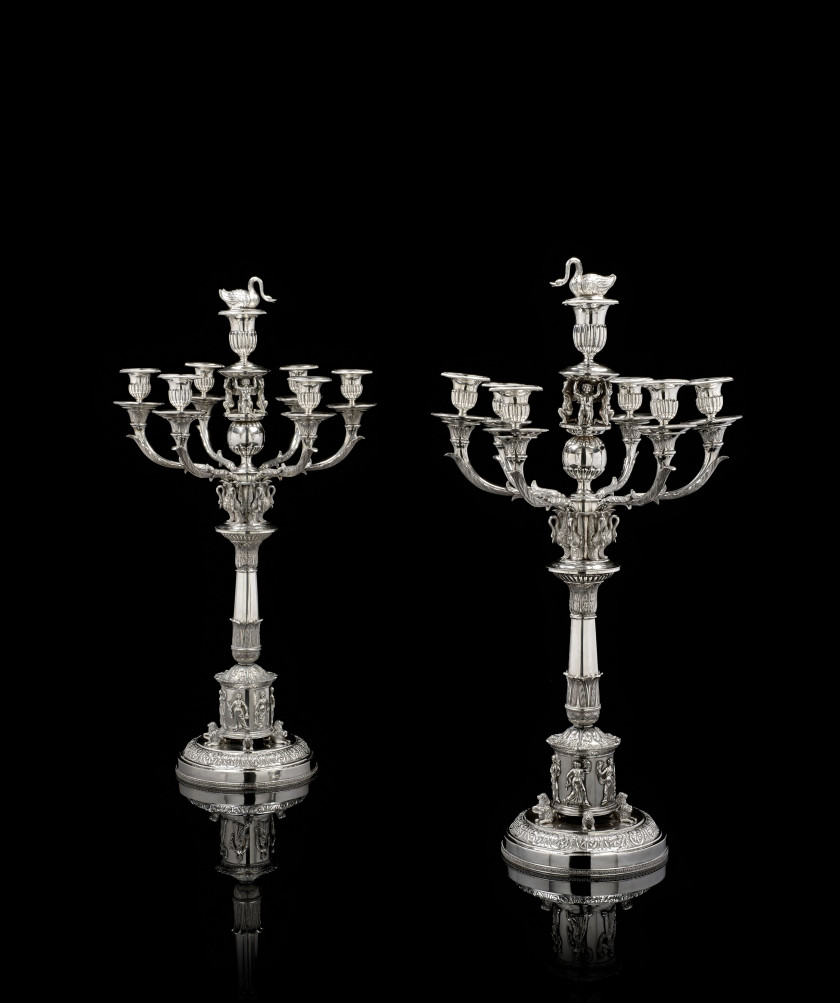 PAIRE DE CANDÉLABRES À SEPT LUMIÈRES ET LEURS BOBÈCHES EN ARGENT Ekström, probablement Erik, 1819-1840 (1845) Växjö (Suède), premièr...