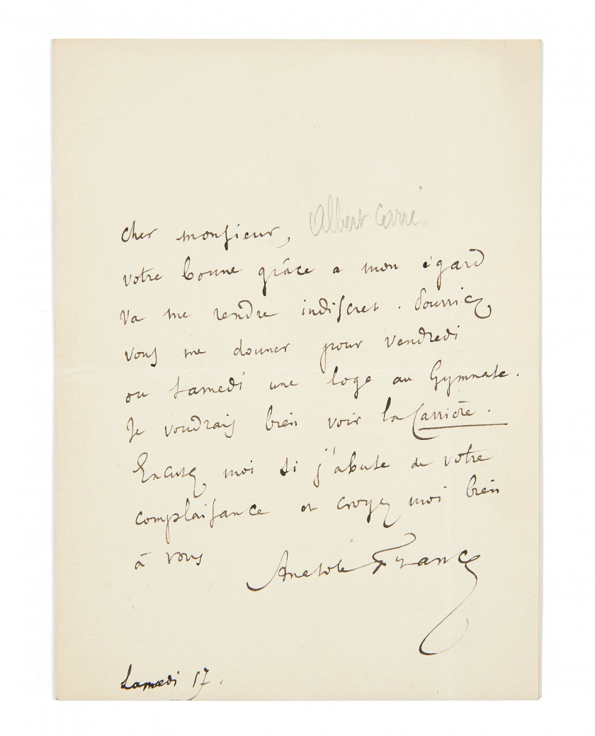 FRANCE (Anatole)  Réunion d’une lettre autographe signée et d’un dessin