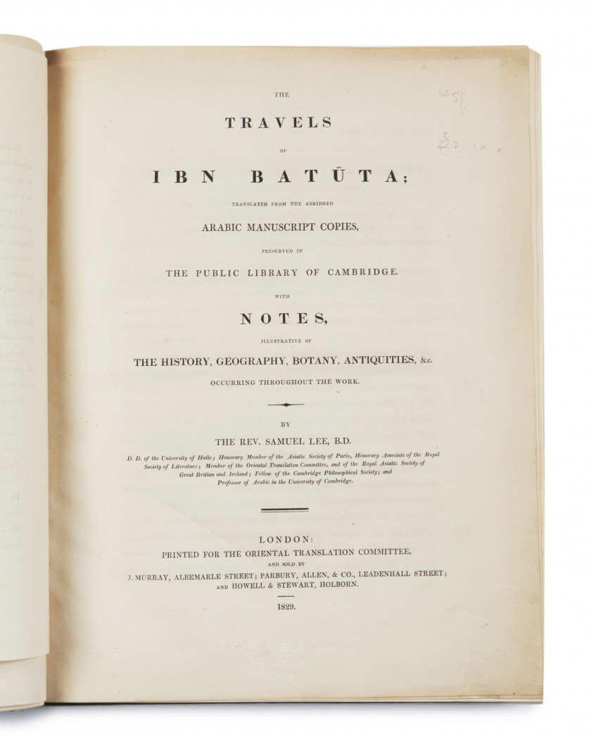 LEE (Samuel)  The travels of Ibn Batuta; translated from the abridged Arabic manuscript copies […]. With notes […].