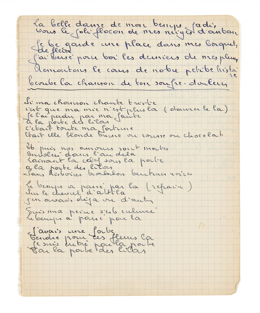 BRASSENS (Georges)  Manuscrit autographe pour la chanson Les Lilas.