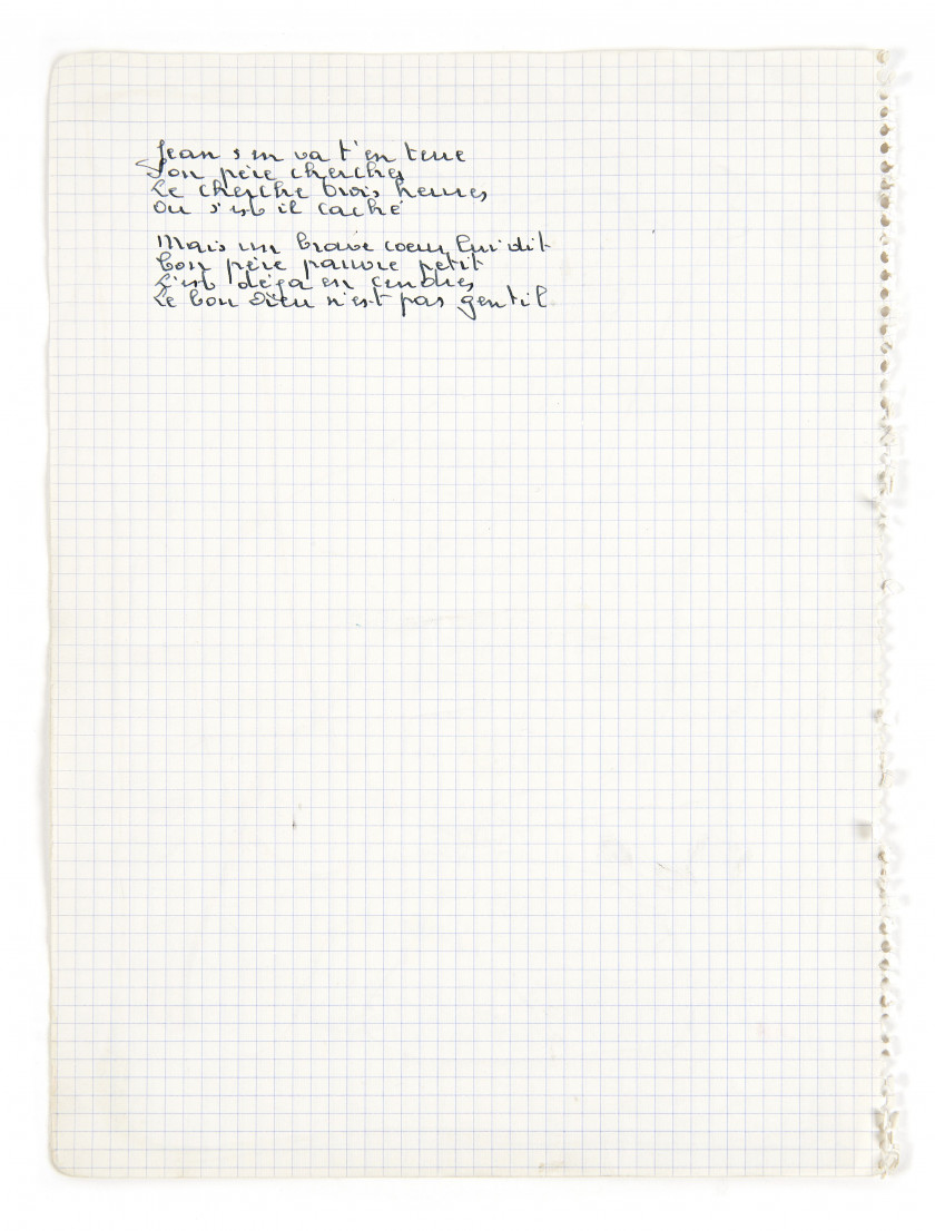 BRASSENS (Georges)  Manuscrit autographe pour la chanson Jean rentre au village.