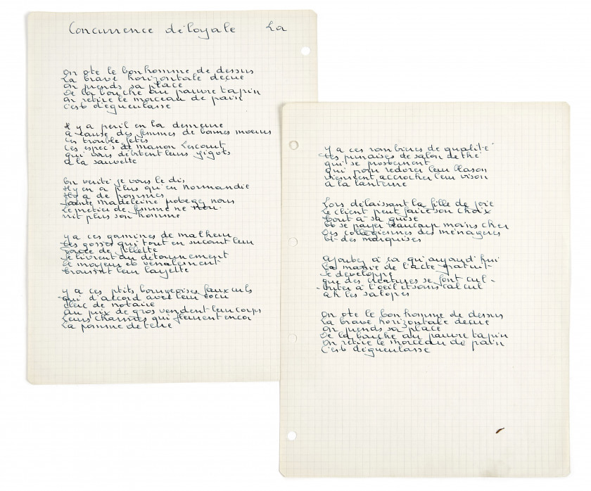 BRASSENS (Georges)  Manuscrit autographe pour la chanson Concurrence déloyale.