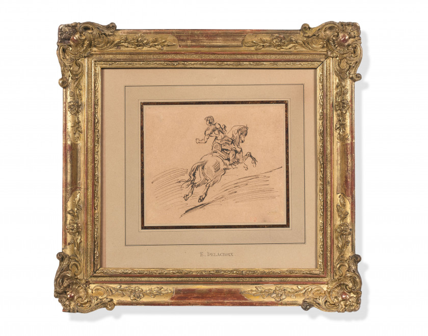 Eugène DELACROIX Charenton-Saint-Maurice, 1798 - Paris, 1863 Etude de cavalier Plume et encre brune, traces de crayon noir