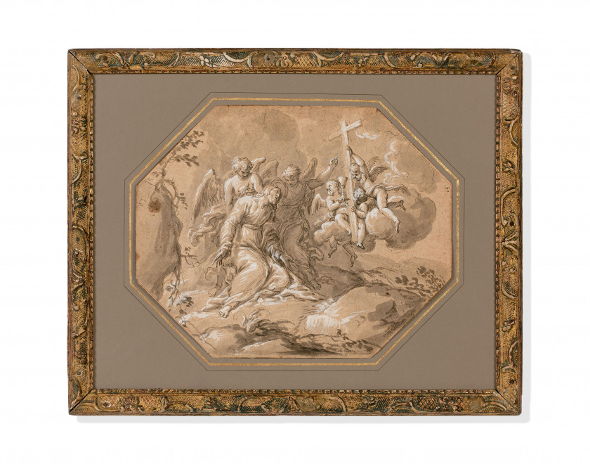 Ecole romaine vers 1700  L'agonie du Christ au mont des Oliviers Plume et encre brune, lavis brun et rehauts de gouache blanche sur...