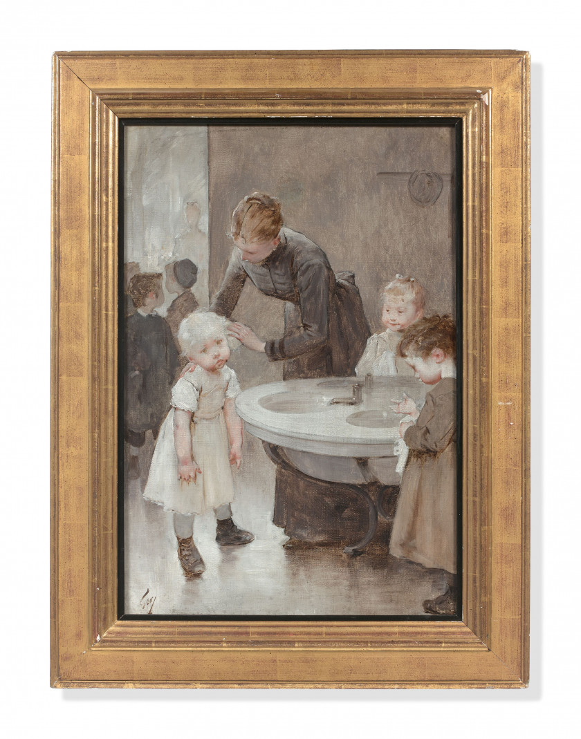 Henri GEOFFROY, dit GEO Marennes, 1853 - Paris, 1924 La toilette des enfants Huile sur toile (Toile d'origine)