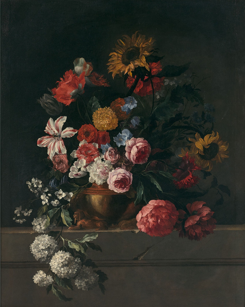 Ecole française vers 1700 Suiveur de Jean-Baptiste Monnoyer Bouquet de fleurs dans un vase orné de sphinx sur un entablement Huile s...