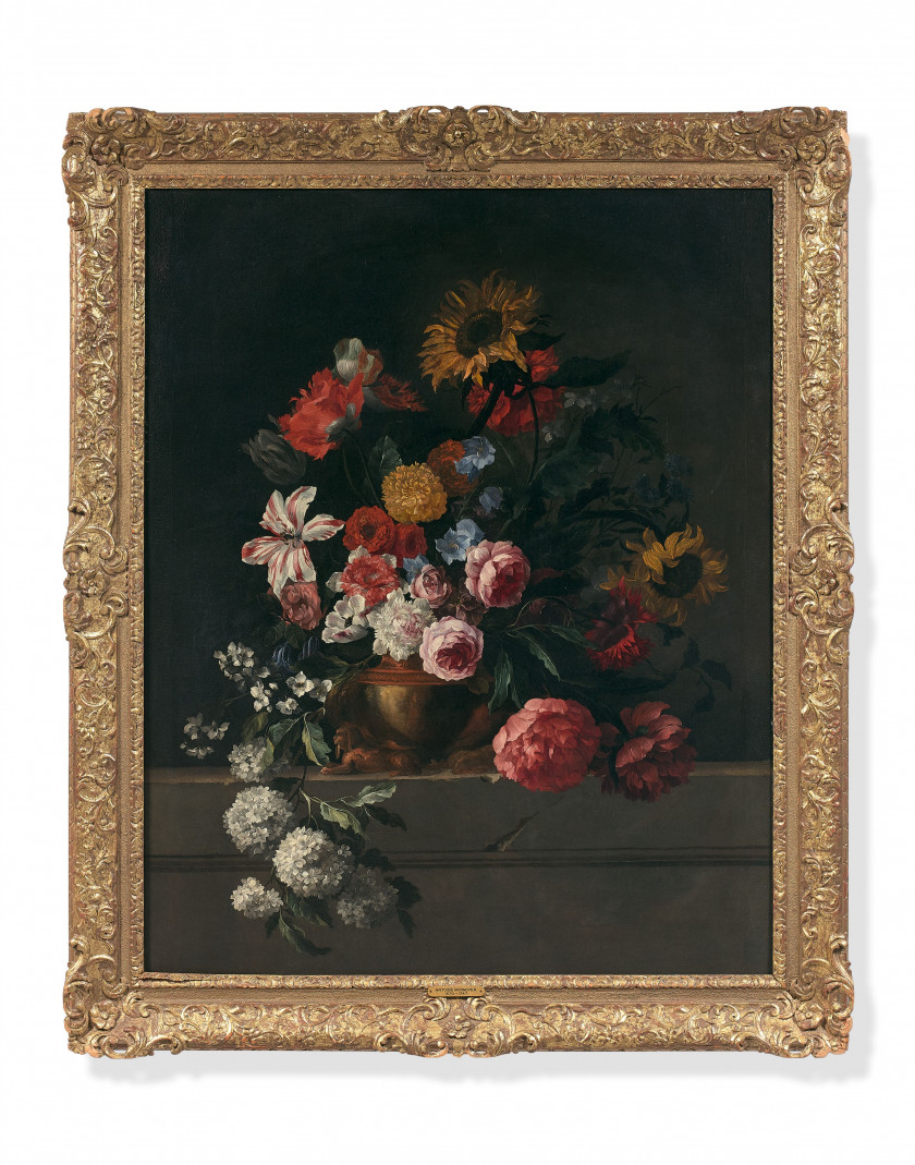 Ecole française vers 1700 Suiveur de Jean-Baptiste Monnoyer Bouquet de fleurs dans un vase orné de sphinx sur un entablement Huile s...