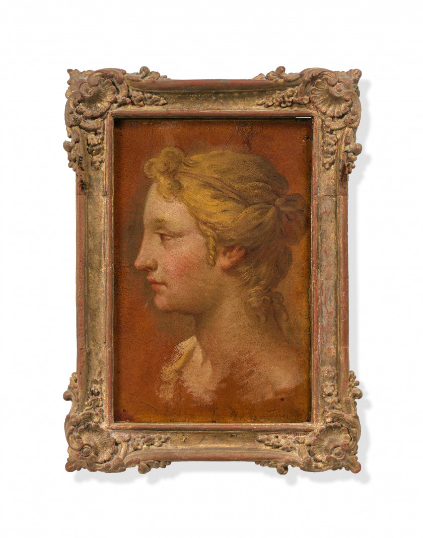 Ecole française du XVIIIe siècle Atelier de François Lemoyne Tête d'homme au turban et Profil de femme Deux huiles sur papiers marou..