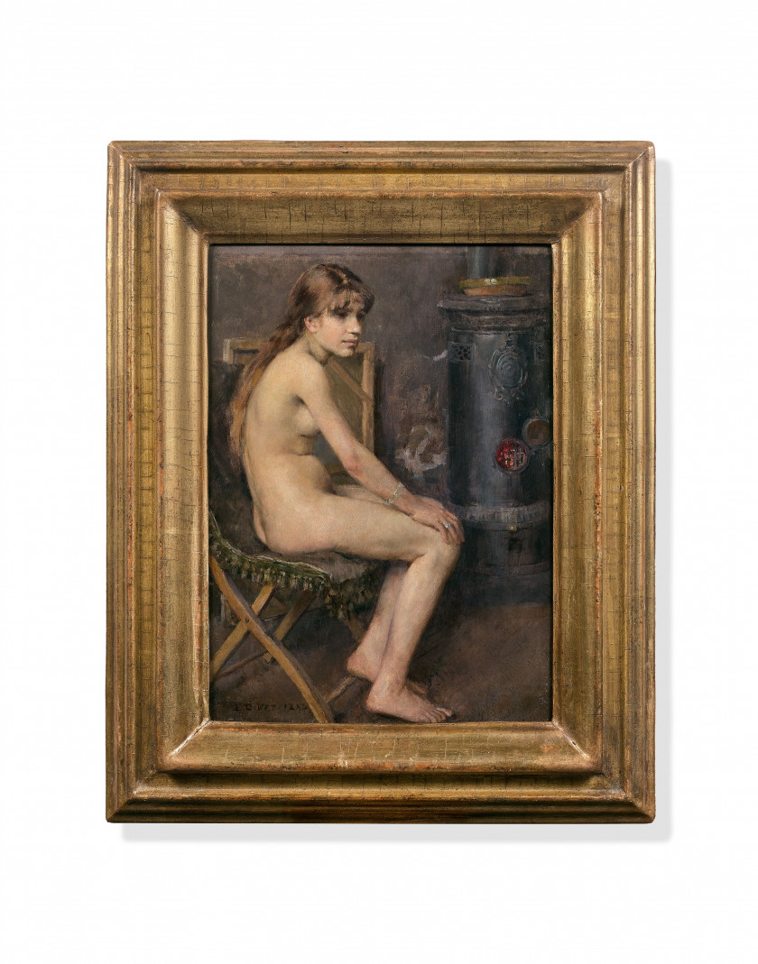 Etienne DINET Paris, 1861 - Paris, 1929 Jeune femme nue à l'atelier Huile sur panneau, une planche