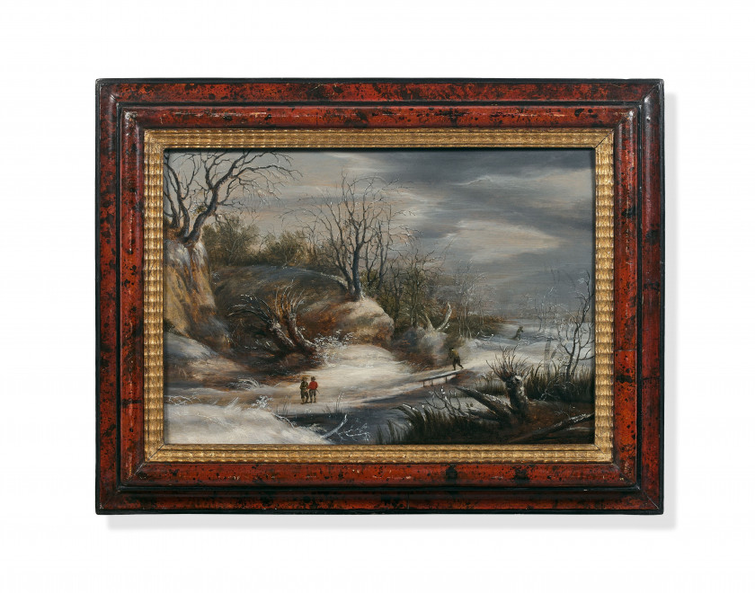 Attribué à Daniel van HEIL Bruxelles, 1604 - 1664 Paysage enneigé animé de personnages Huile sur panneau de chêne, deux planches