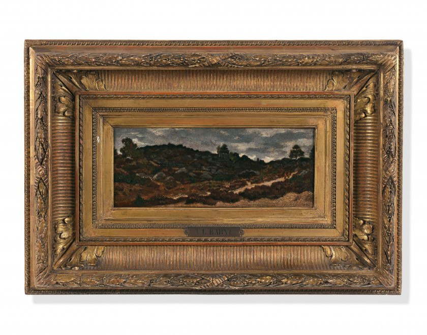 Antoine-Louis BARYE Paris, 1795 - 1875 Rochers en forêt de Fontainebleau Huile sur papier marouflé sur toile