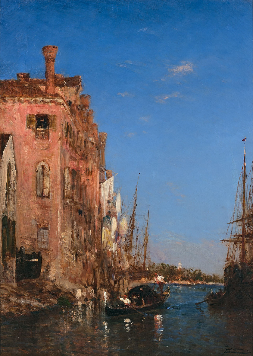 Félix ZIEM Beaune, 1821 - Paris, 1911 Gondole sur un canal, Venise Huile sur toile (Toile d'origine)