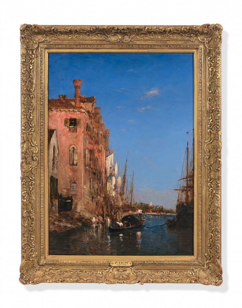 Félix ZIEM Beaune, 1821 - Paris, 1911 Gondole sur un canal, Venise Huile sur toile (Toile d'origine)