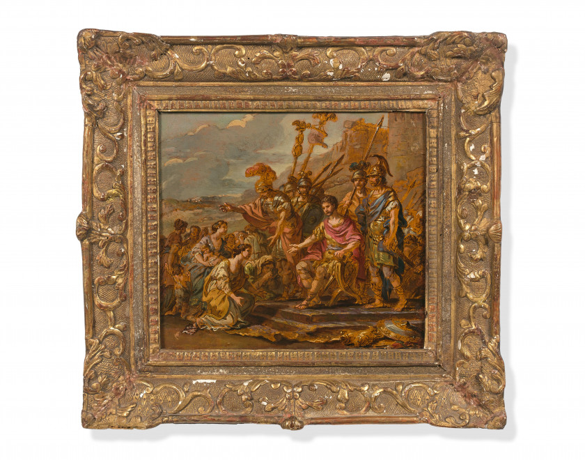 Joseph-Marie VIEN Montpellier, 1716 - Paris, 1809 La famille de Coriolan venant le détourner d'assiéger Rome Huile et encre de Chine..