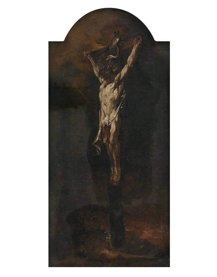 Alessandro MAGNASCO, dit Il Lissandro Gênes, 1664 - 1749 Le Christ en croix Huile sur toile, de forme chantournée en partie supérieu...