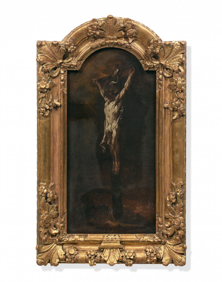 Alessandro MAGNASCO, dit Il Lissandro Gênes, 1664 - 1749 Le Christ en croix Huile sur toile, de forme chantournée en partie supérieu...