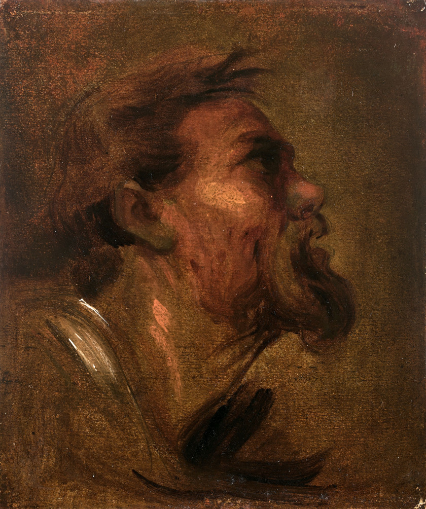 Ecole flamande du XVIIe siècle Atelier d'Anton van Dyck Etude de visage d'homme de profil Huile et crayon sur papier marouflé sur pa.