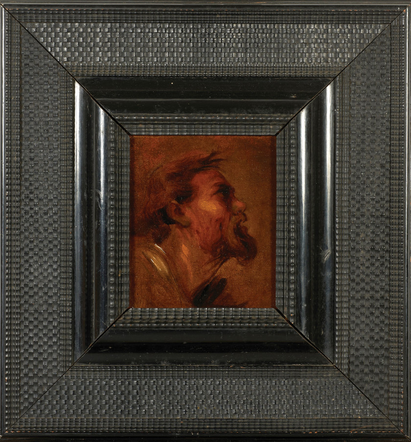 Ecole flamande du XVIIe siècle Atelier d'Anton van Dyck Etude de visage d'homme de profil Huile et crayon sur papier marouflé sur pa.