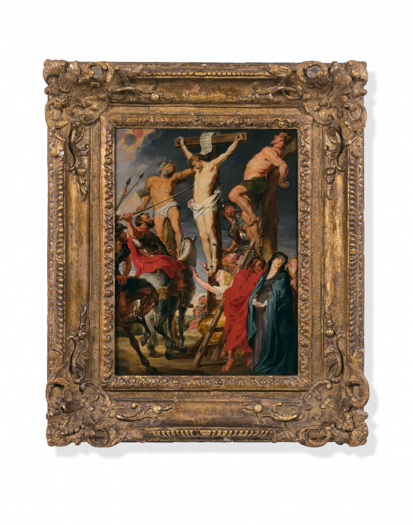 Ecole flamande du XVIIe siècle Atelier de Pierre-Paul Rubens La Crucifixion, dit " Le coup de lance " Huile sur panneau de chêne, un...