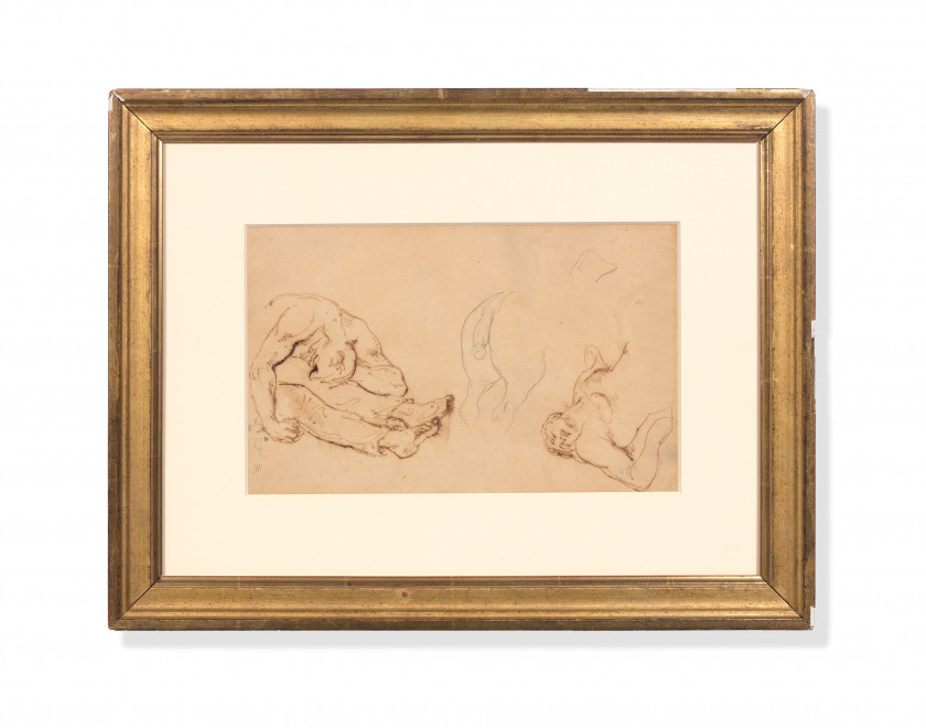 Théodore GÉRICAULT Rouen, 1791 - Paris, 1824 Deux personnages pour le radeau de la Méduse et une croupe de cheval Plume et encre bru...