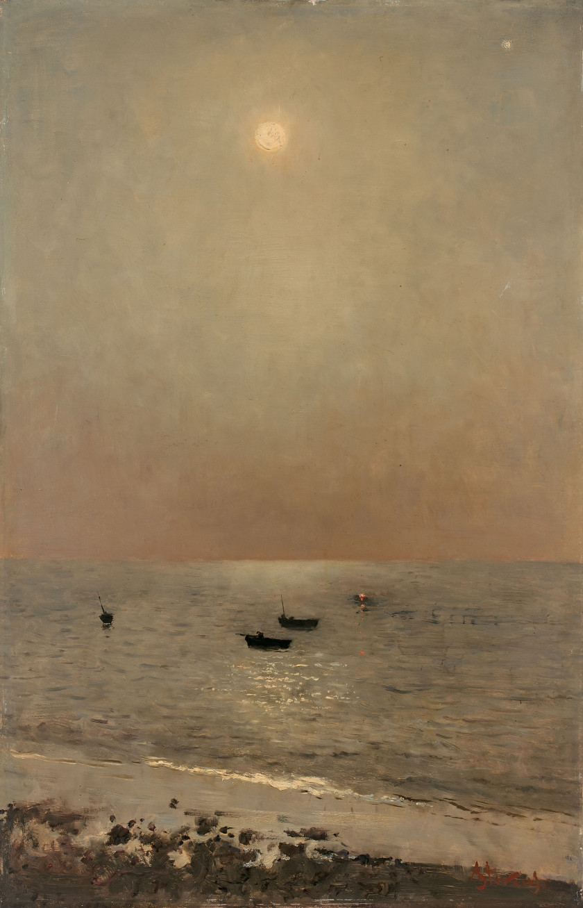 Alfred STEVENS Bruxelles, 1823 - Paris, 1906 Bord de mer au Havre au clair de lune Huile sur panneau d'acajou, une planche