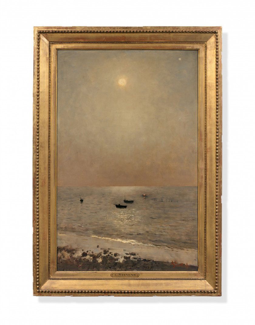 Alfred STEVENS Bruxelles, 1823 - Paris, 1906 Bord de mer au Havre au clair de lune Huile sur panneau d'acajou, une planche