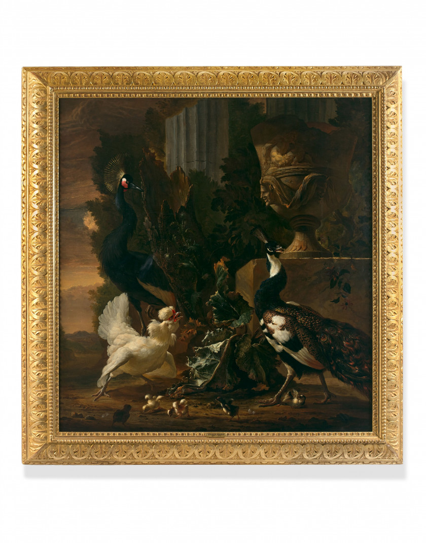 Abraham BISSCHOP Dortrecht 1670 - Middelbourg 1731 Paon, grue couronnée, poule et poussins dans un parc Huile sur toile