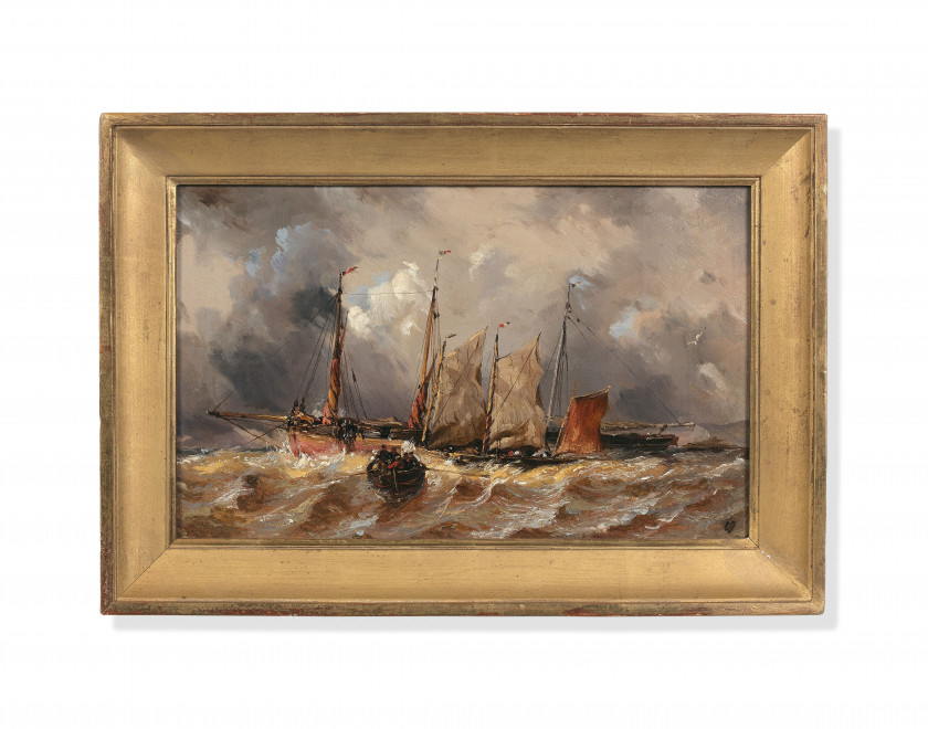 Eugène ISABEY Paris, 1803 - Montévrain, 1886 Voiliers par gros temps Huile sur carton