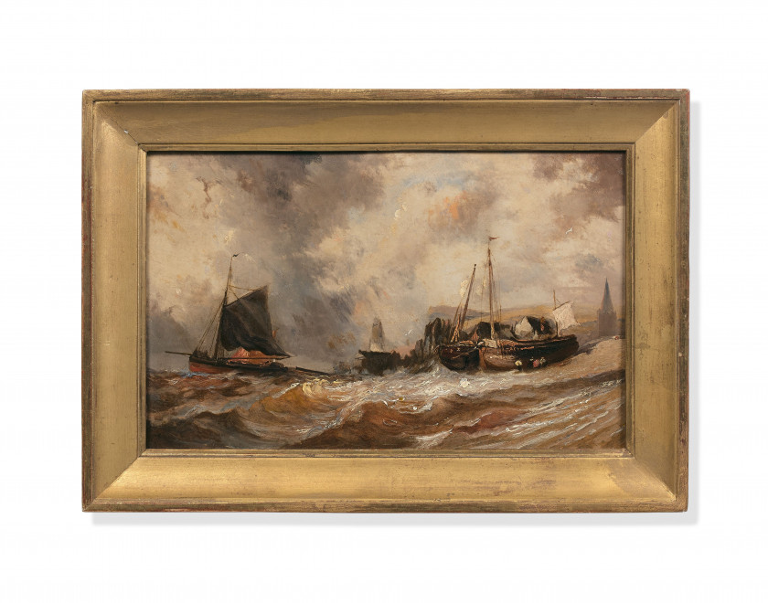 Eugène ISABEY Paris, 1803 - Montévrain, 1886 Voiliers près d'un port par gros temps Huile sur carton