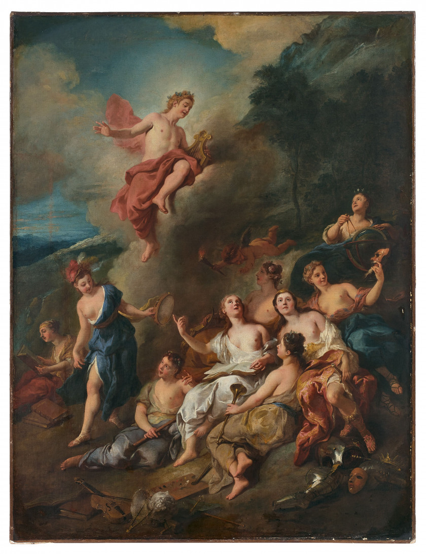 Jean-François de TROY Paris, 1679 - Rome, 1752 Apollon et les muses Huile sur toile, à vue chantournée