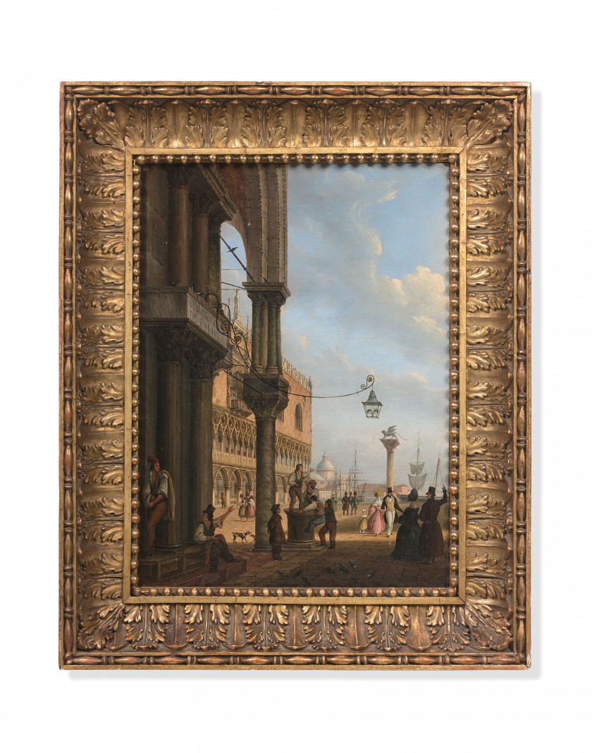 Vincenzo CHILONE Venise, 1758 - 1839 Promeneurs sur la Piazzetta vue de l'angle de la basilique San Marco, Venise Huile sur toile (T..