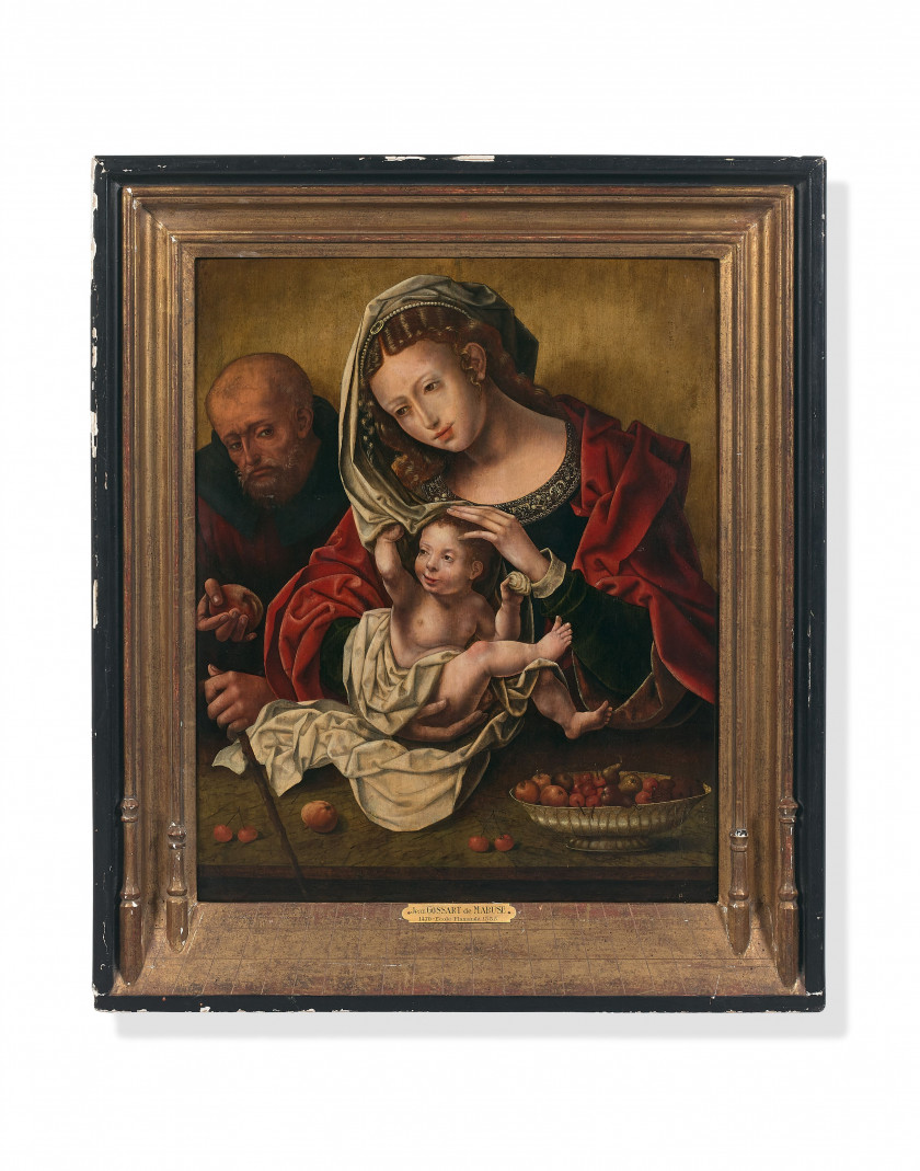 Pays-Bas, XVIe siècle Entourage de Jan Gossart, dit Mabuse La Sainte Famille Huile sur panneau de chêne, deux planches