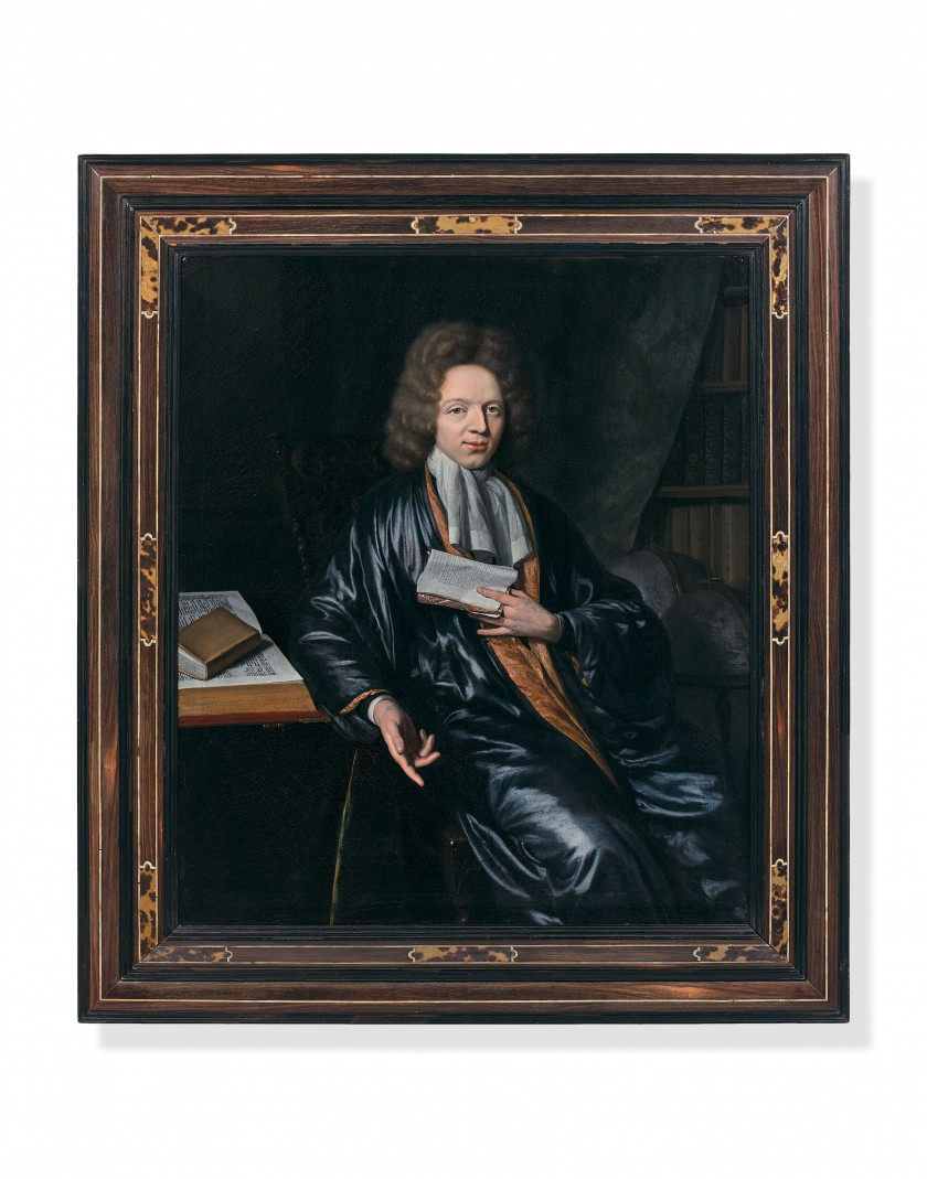 Constantin NETSCHER La Haye, 1668 - 1723 Portrait d'un érudit dans son cabinet, tenant dans ses mains la Première Epître aux Corinth..