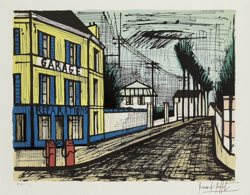 Bernard BUFFET (1928 - 1999) Le garage - 1984 Lithographie en 9 couleurs